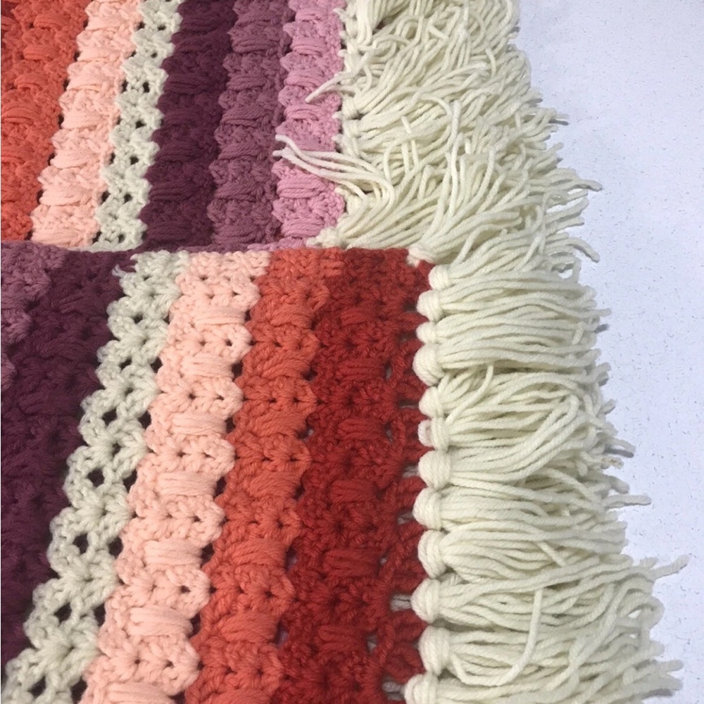Vintage Crochet Afghan 50"×38" Throw Blanket Pink Sage Cream Maroon Hand Made